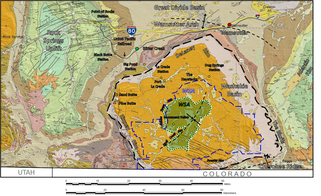 Geology map of Washakie Basin with annotated Adobe Town WSA, Wyoming
