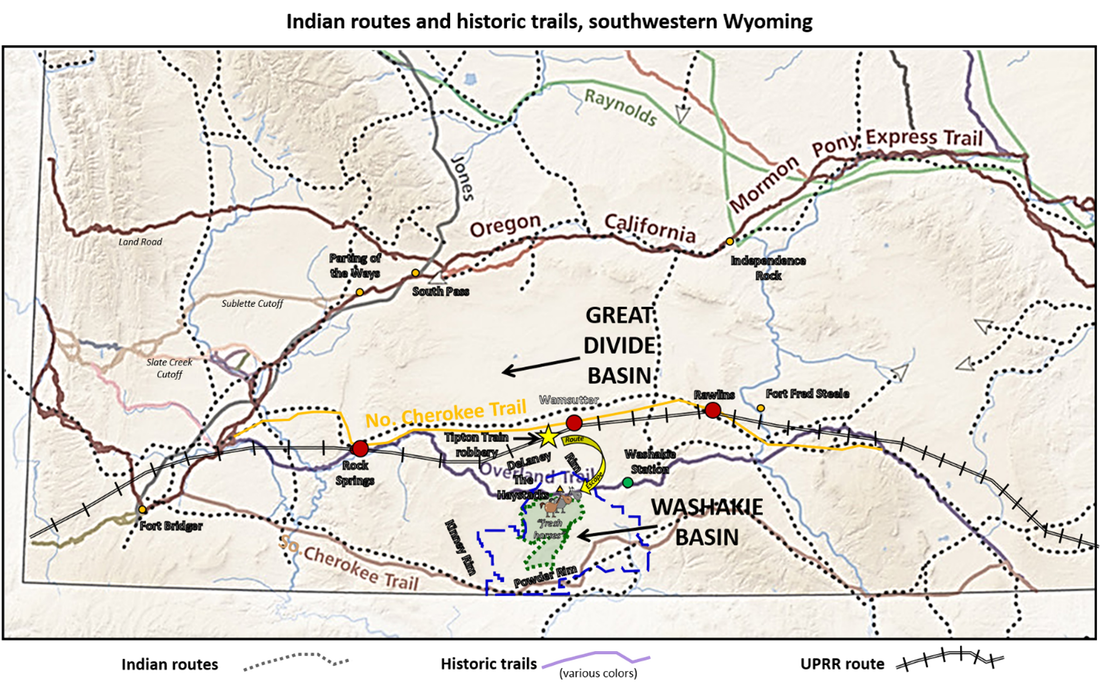 Map of Indian trails, emigrant routes and Transcontinental Railroad, Southern Wyoming
