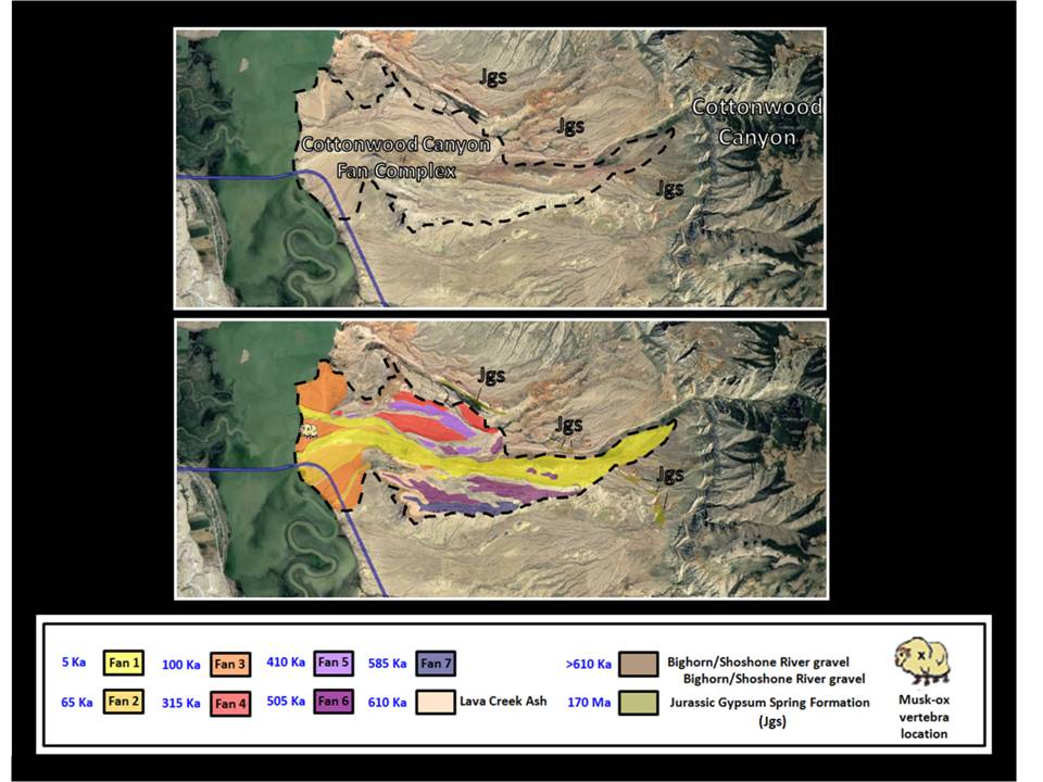 Geology map and picture Cottonwood Creek alluvial fan, Big Horn County, Wyoming