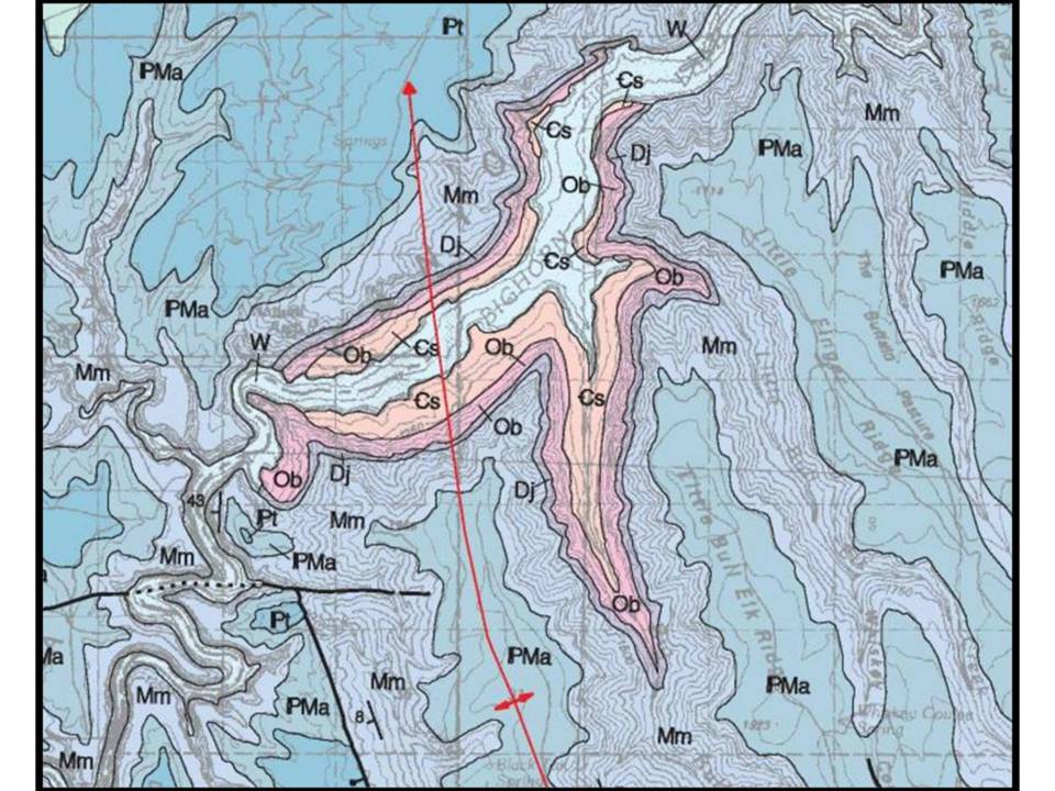 Geologic map Bighorn Canyon showing anticline, Bighorn Canyon National Recreation Area