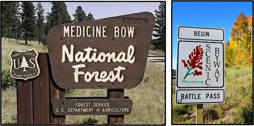 Picture of highway signs for Medicine Bow National Forest and Battle Pass Scenic Byway, Carbon County, Wyoming