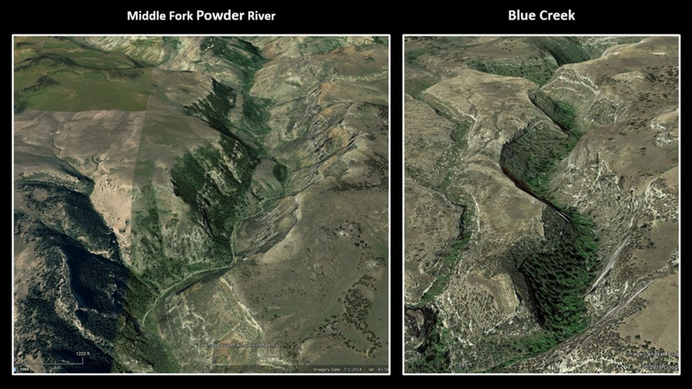 Google Earth pictures of Middle Fork Powder River and Blue Creek, Johnson County, Wyoming