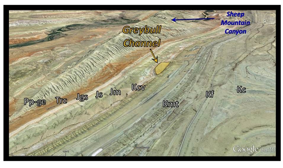 Google Earth image Cretaceous Greybull Sandstone Channel Sheep Mountain Wyoming
