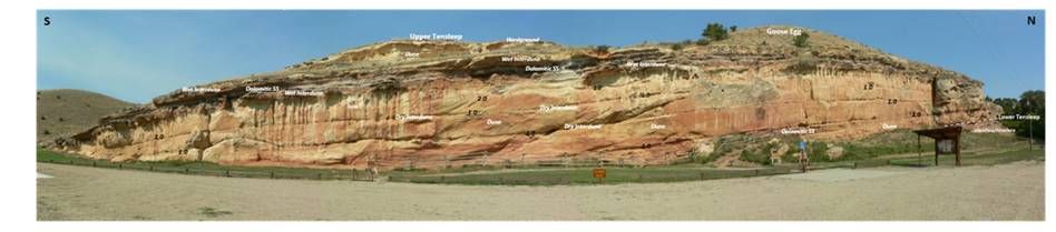Picture Tensleep Sandstone Medicine Lodge Archeological site, geology annotated, Big Horn County, Wyoming