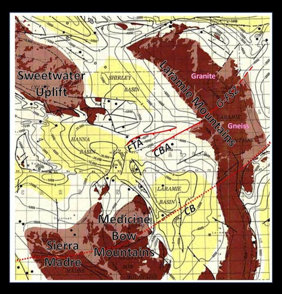 Geologic basement structure map of Hanna Basin, Shirley Basin and Laramie Basin, Wyoming
