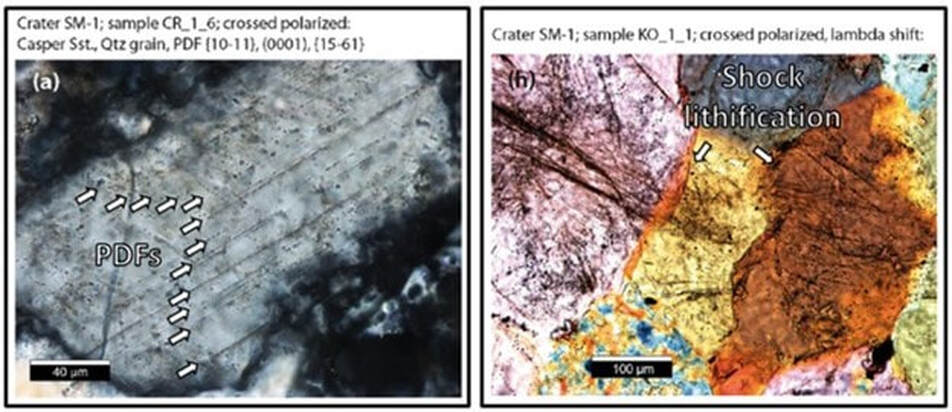 Thin section pictures of deformation features in rocks from Douglas Meteor Craters, Converse County, Wyoming