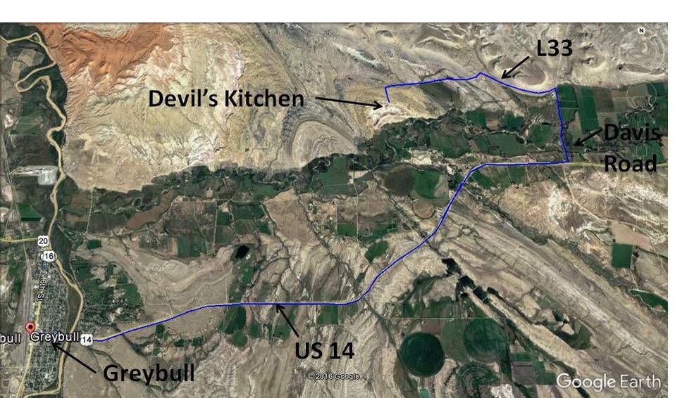 Google Earth directions map Greybull to Devil's Kitchen, annotated, Big Horn County, Wyoming