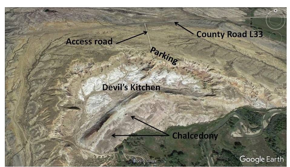 Google Earth image Devil's Kitchen, annotated, Big Horn County, Wyoming