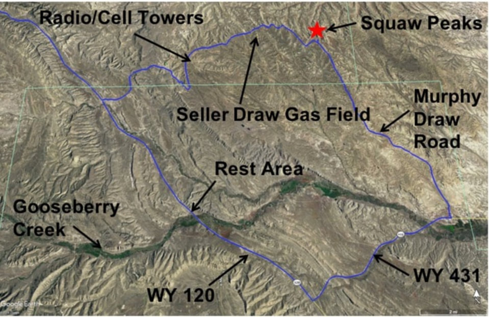 Map of drive to Squaw Peaks and Seller Draw Gas Field, Wyoming