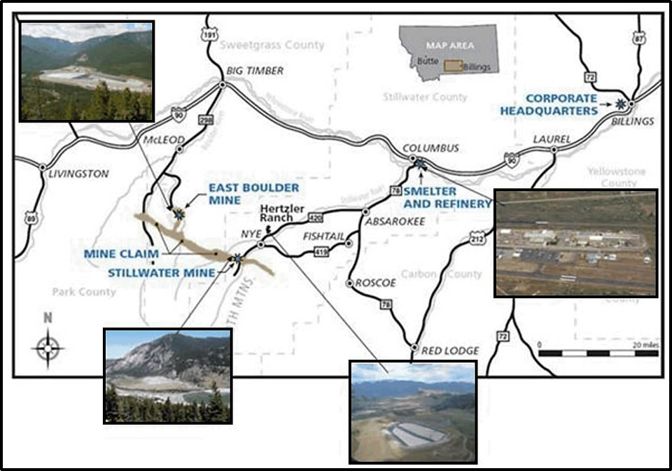 Map and pictures of Stillwater Mines, Montana