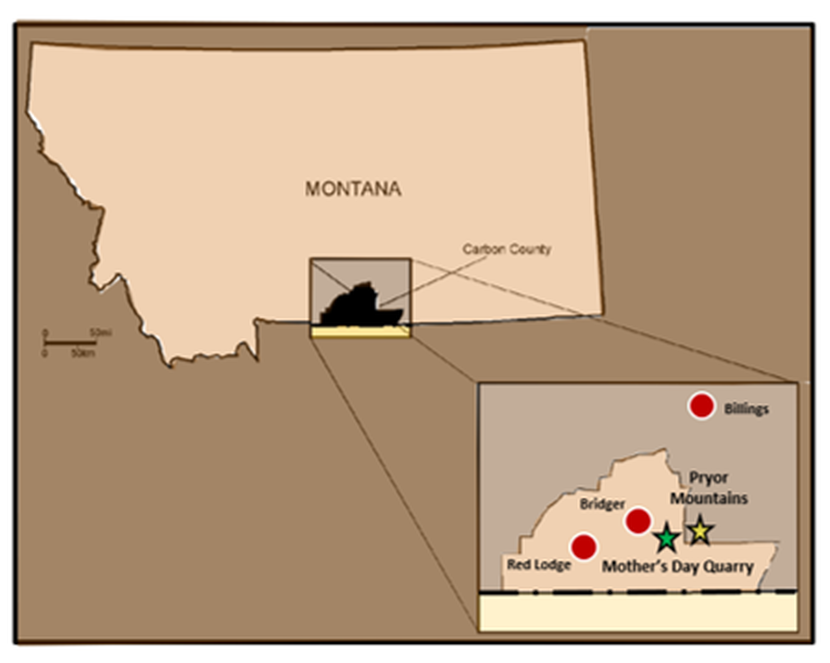 General location map of Mother's Day dinosaur quarry near Bridger, Montana
