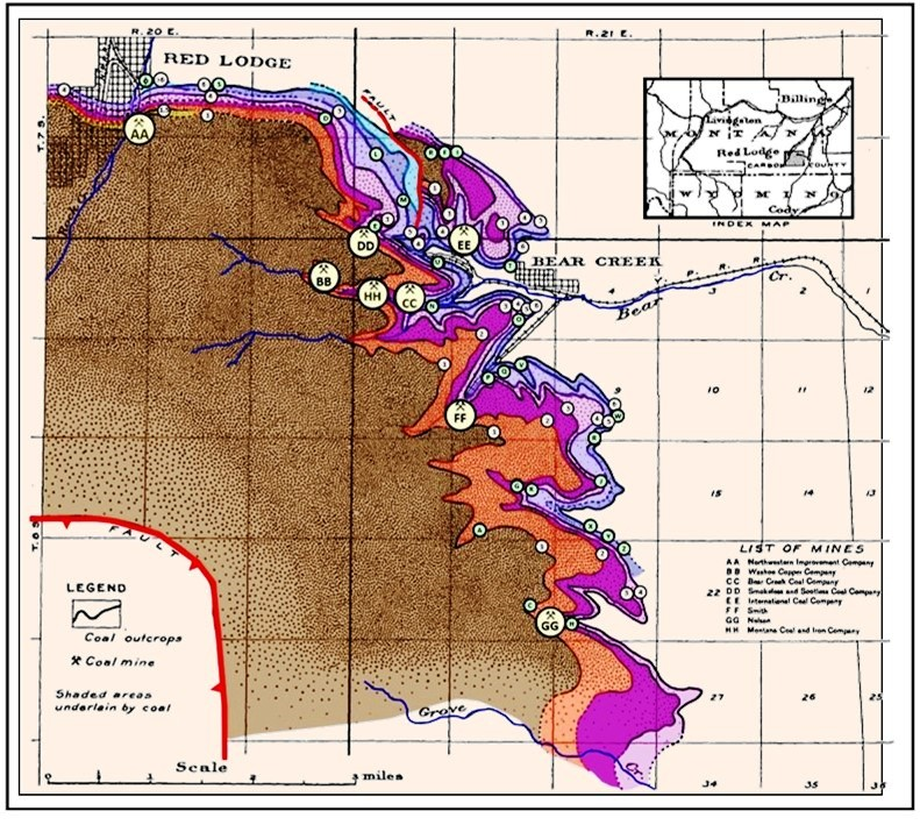 Geologic map of Paleocene Fort Union coals and coal mines in Red Lodge and Bear Creek area, Carbon County, Montana