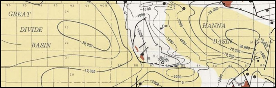 Geologic basement structure map of Rawlins Uplift, Hanna Basin and Great Divide Basin, Wyoming