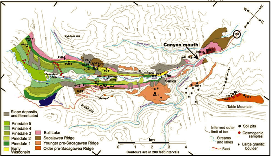 Map of Sinks Canyon Pleistocene glacial deposits, Fremont County, Wyoming
