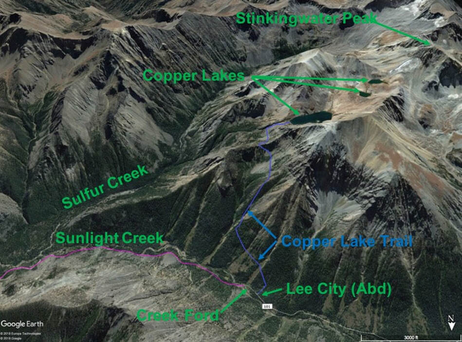 Map of hike to Copper Lakes, Sunlight Basin, Wyoming