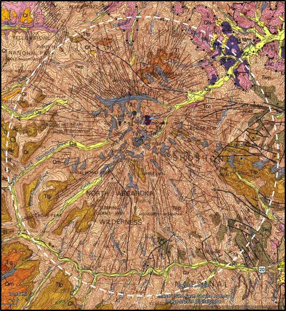 Geologic map of Sunlight and Stinkingwater Peak volcanic complex, Park County, Wyoming