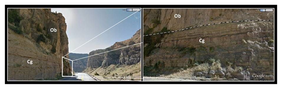 Pictures of contact between Ordovician Bighorn Formation and Cambrian Gallatin Formation, Wind River Canyon, Hot Springs County, Wyoming