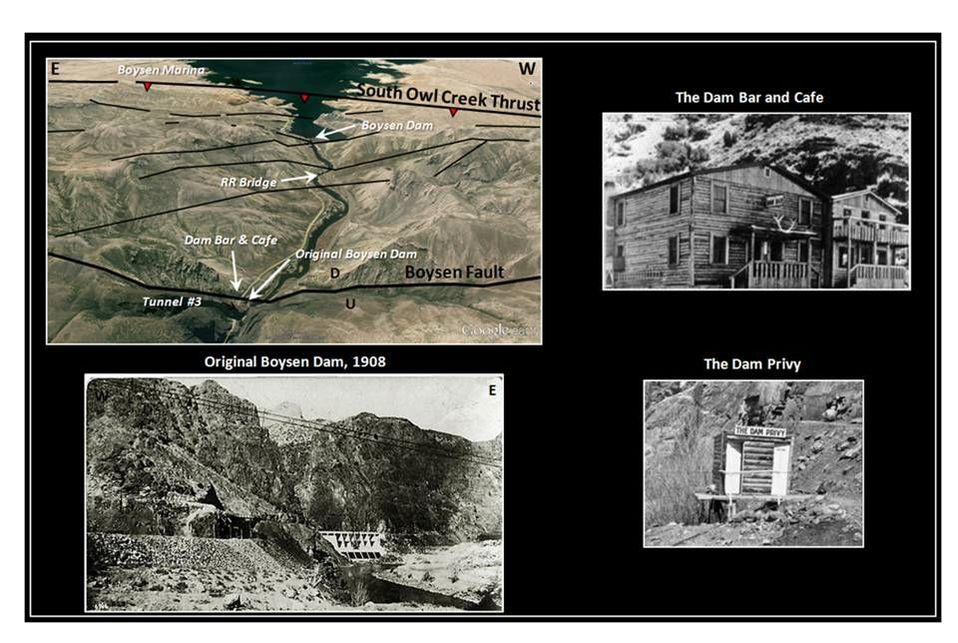 Pictures original Boysen Dam, Boysen Dam privy, Boysen Dam bar, geologic map Boysen fault area, Wyoming