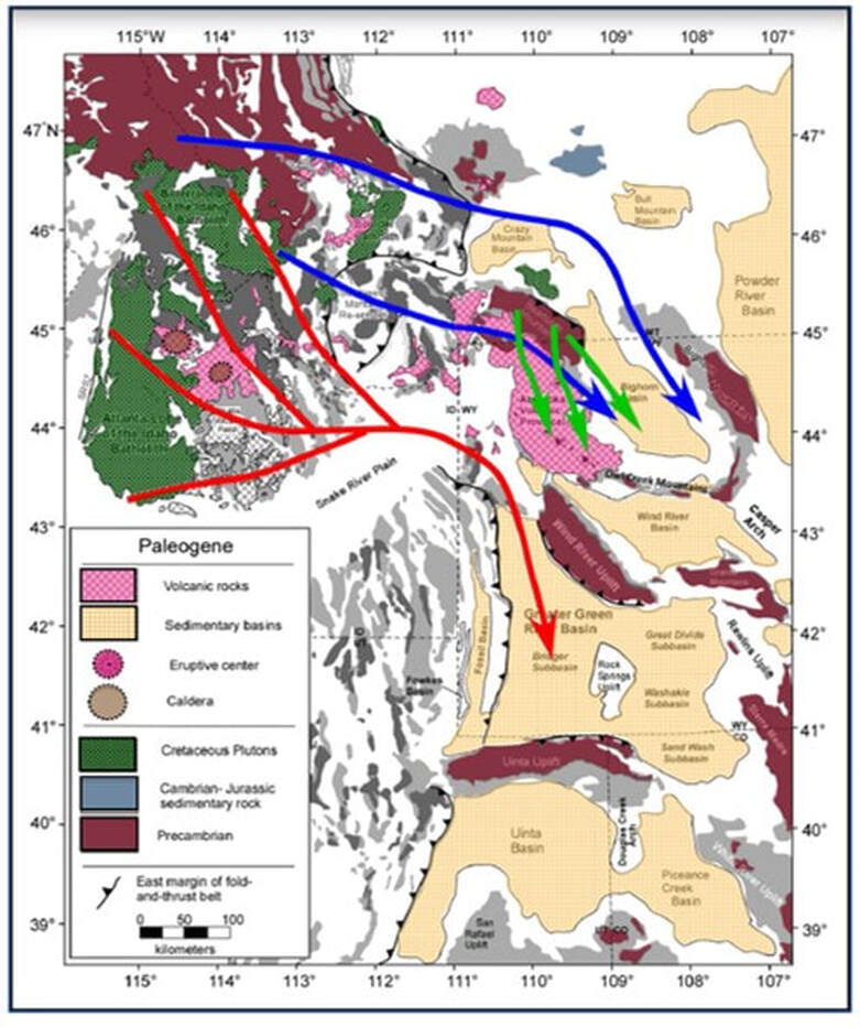 Paleo-drainage map of Paleocene to Eocene, Central Rocky Mountains