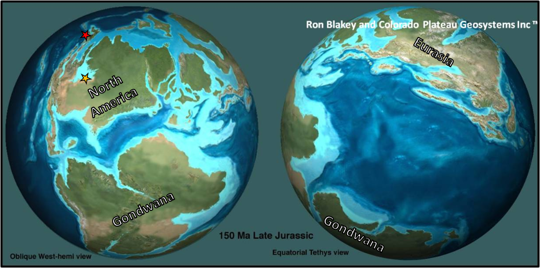 Late Jurassic globe showing occurrence of Megalneusaurus in Sundance in Wyoming and in the Naknek Formation in Alaska