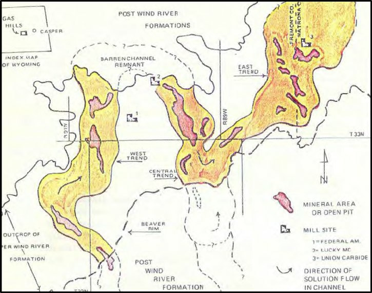 Geologic map Gas Hills fluvial channels and uranium roll front deposits, Wyoming