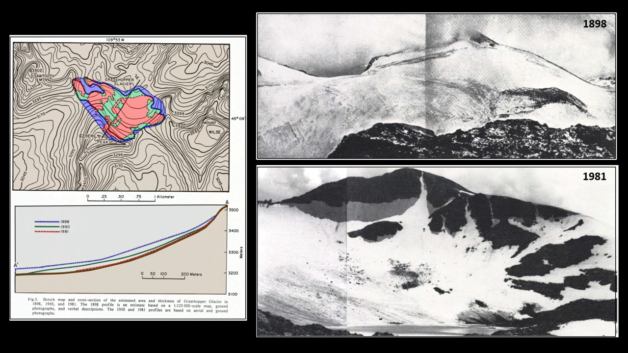 Map & pictures showing recession of Grasshopper Glacier, Beartooth Mountains, Montana