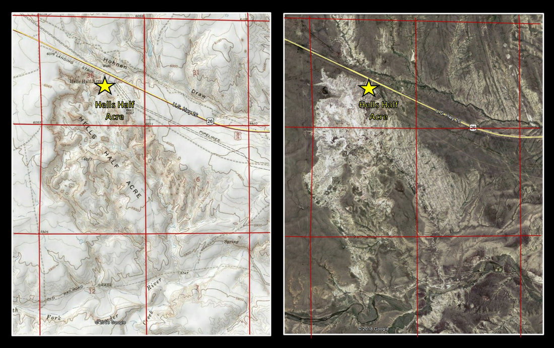 Topographic map and aerial picture of Hells Half Acre, Natrona County, Wyoming