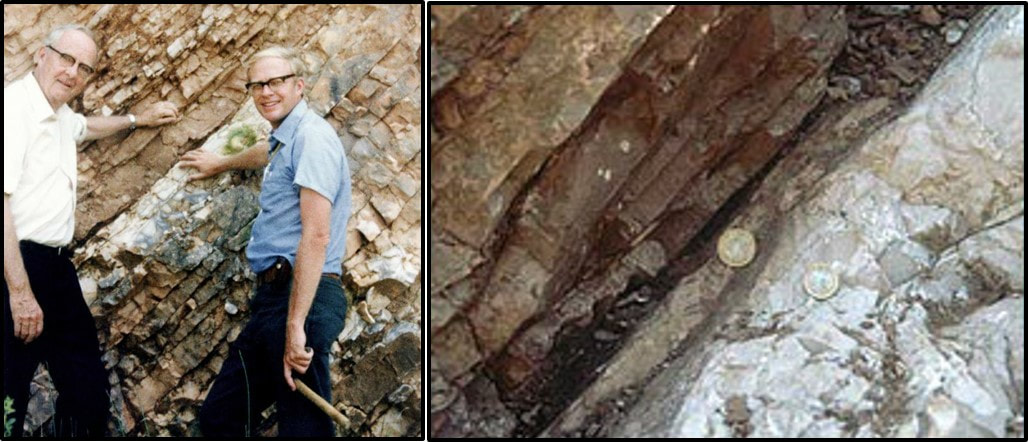 Pictures of Luis and Walter Alverez at Cretaceous-Tertiary boundary near Gubbio, Italy
