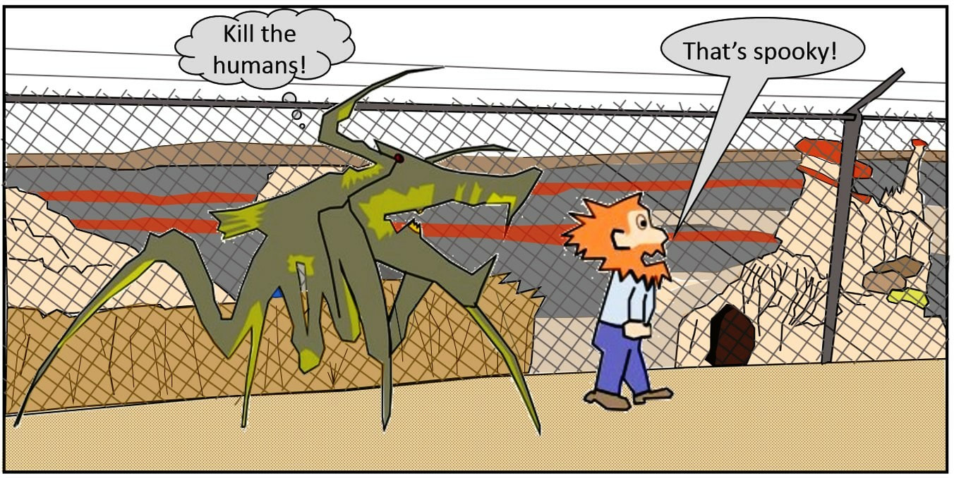 Cartoon of hostile Arachnids at Hells Half Acre, Natrona County, Wyoming