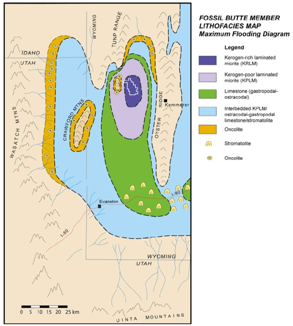Paleogeography and rock distribution of Eocene Fossil Lake, Wyoming