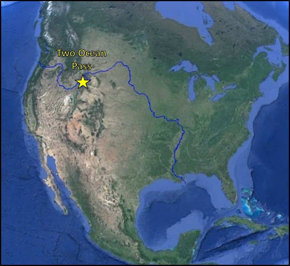 Map of North America showing Two Ocean Pass, Snake River, Columbia River, Missouri River and Mississippi River