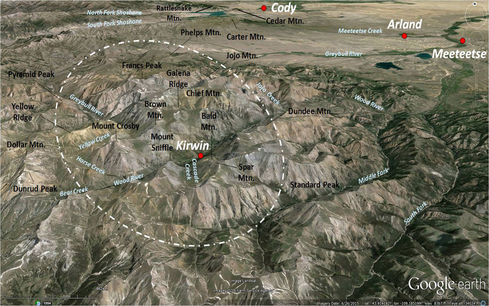 Google Earth index map of Kirwin area, Park County, Wyoming