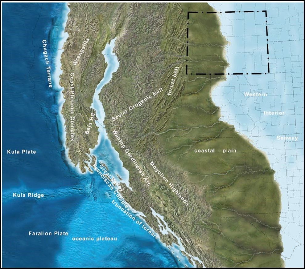 Paleogeographic map of southwestern North America 80 million years ago during Cretaceous Period