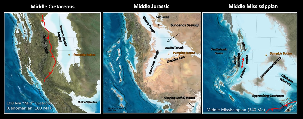 Paleogeography maps of the Middle Cretaceous, Middle Jurassic and Middle Mississippian, western North America