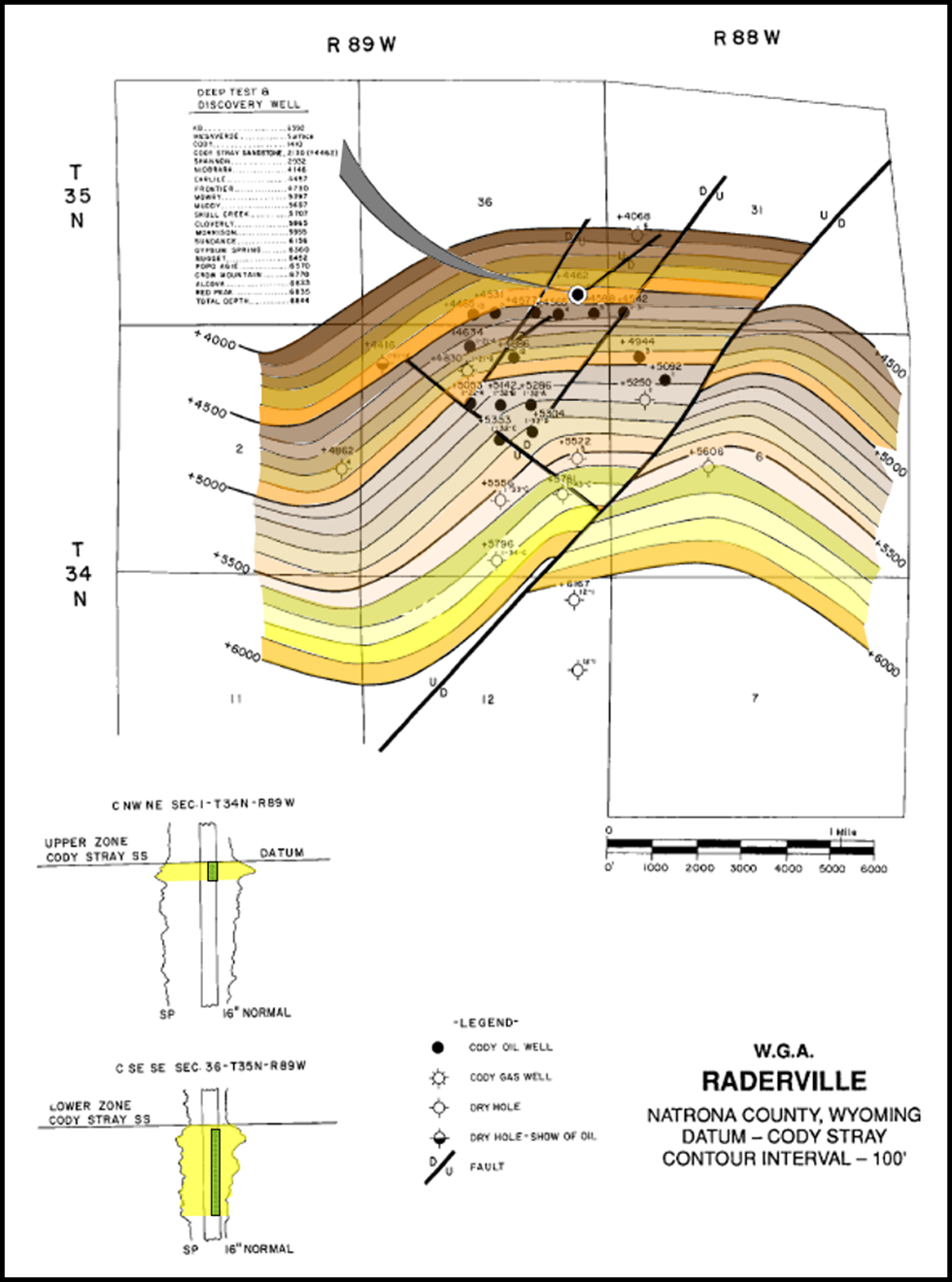 Structural geology map of Cody Stray Sandstone at Raderville Oil Field, Natrona County, Wyoming