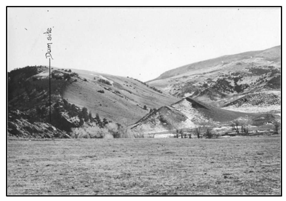 Picture Anchor Dam location southeast view, 1935, Hot Springs County, Wyoming