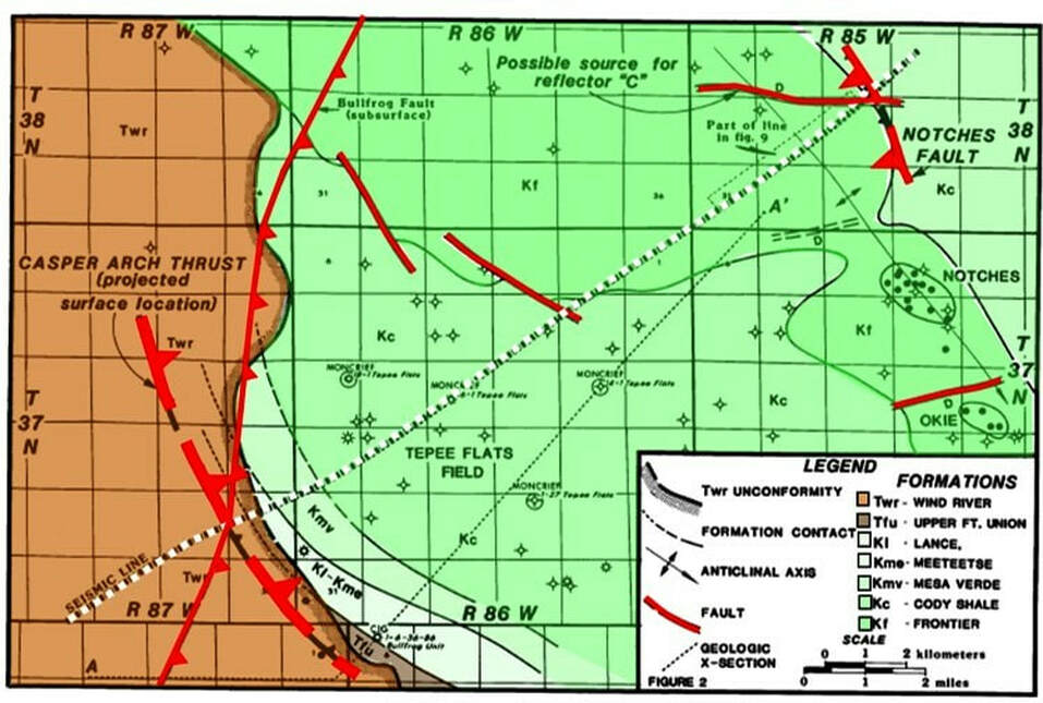 Geologic map of west edge of Casper Arch at Tepee Flats Field, Natrona County, Wyoming