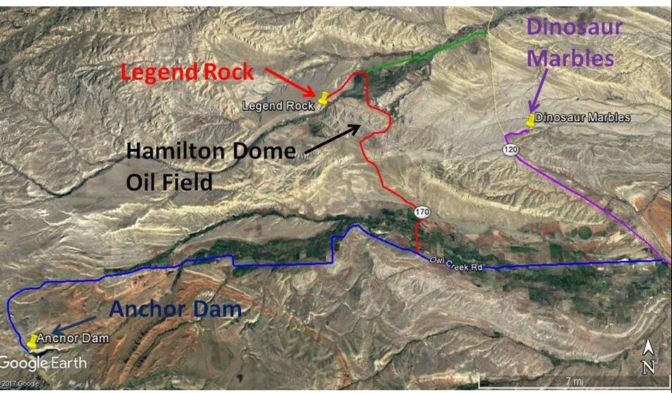Route map to Anchor Dam, Legend Rock State Petroglyph Site, and Dinosaur Marbles,  Hot Springs County, Wyoming