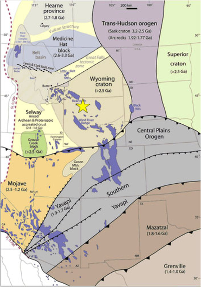 Geologic map of Wyoming craton Archean basement and adjacent basement blocks