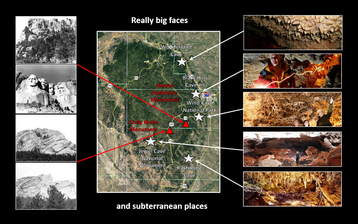 Picture montage of Black Hills caves, Crazy Horse Monument and Mount Rushmore Monument