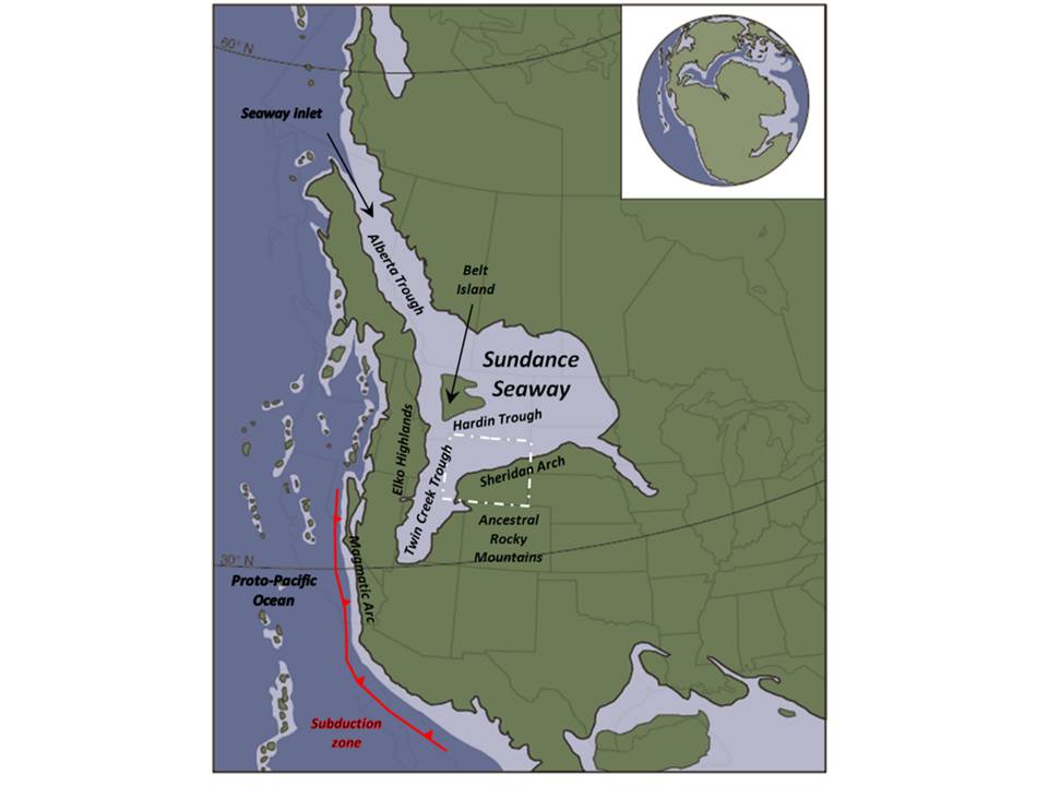 Paleogeography map western North America during Bajocian Stage, Middle Jurassic