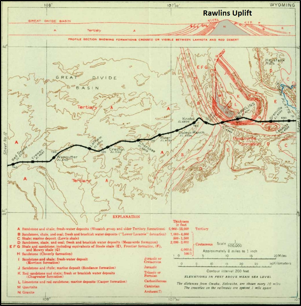 1915 Union Pacific Railroad route map and geology map in Rawlins area, Wyoming