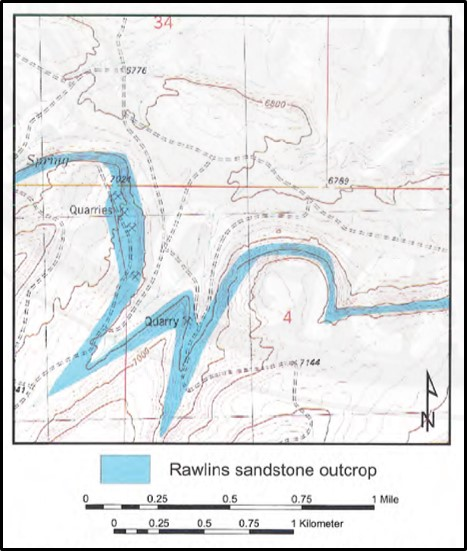 Topographic map of Rawlins Mesaverde Sandstone outcrop and quarries, Carbon County, Wyoming