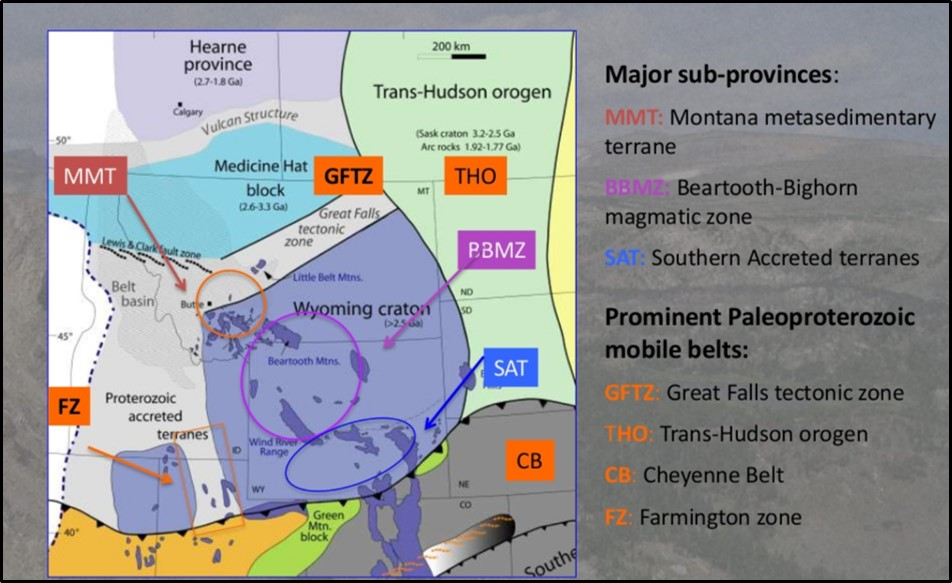 Geology map of Archean Wyoming Craton with major sub-provinces annotated