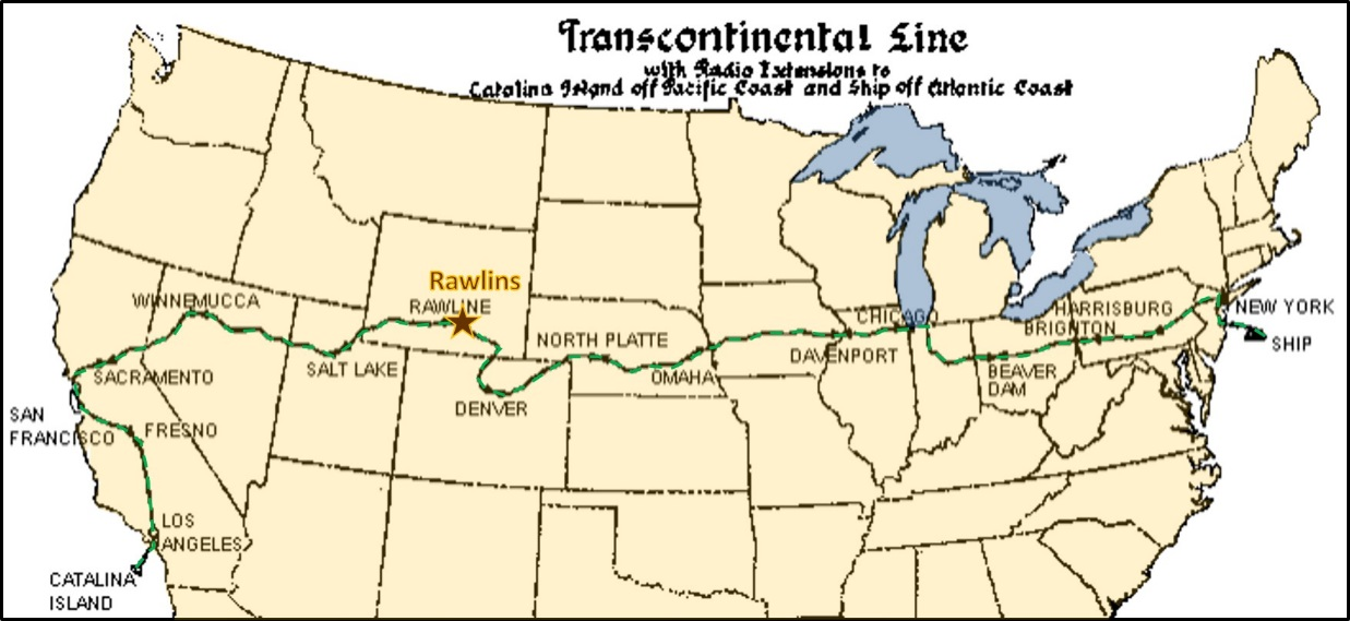 Map of the 1921 US transcontinental phone line