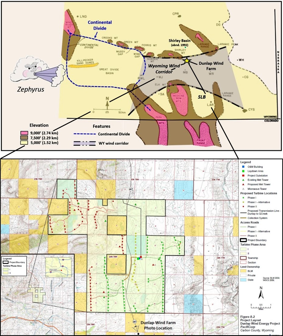 Map of Wyoming wind corridor and map of Shirley Basin Dunlap Wind Farm, Wyoming