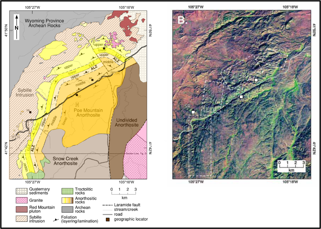 Geologic map of Laramie Anorthosite Complex and satellite image, Wyoming