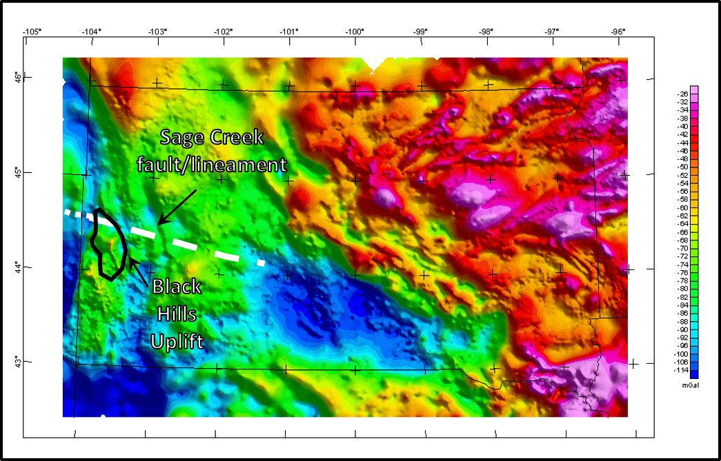 Bouguer gravity anomaly map of South Dakota