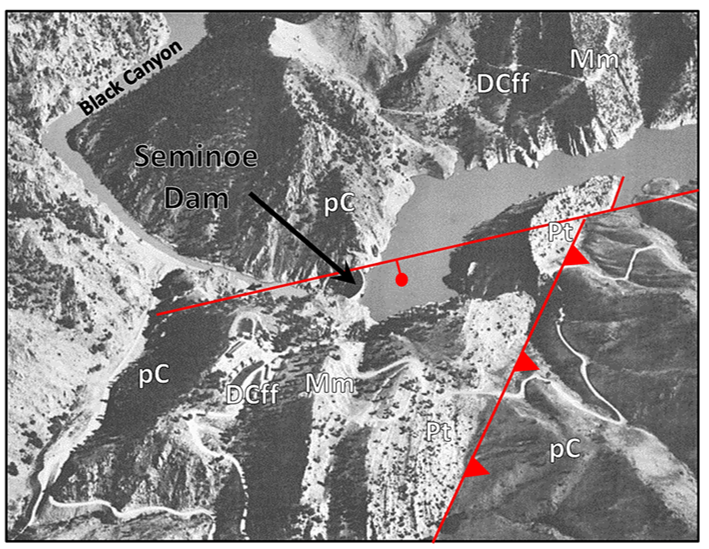 Aerial picture of Seminoe Dam area annotated with geology, Wyoming