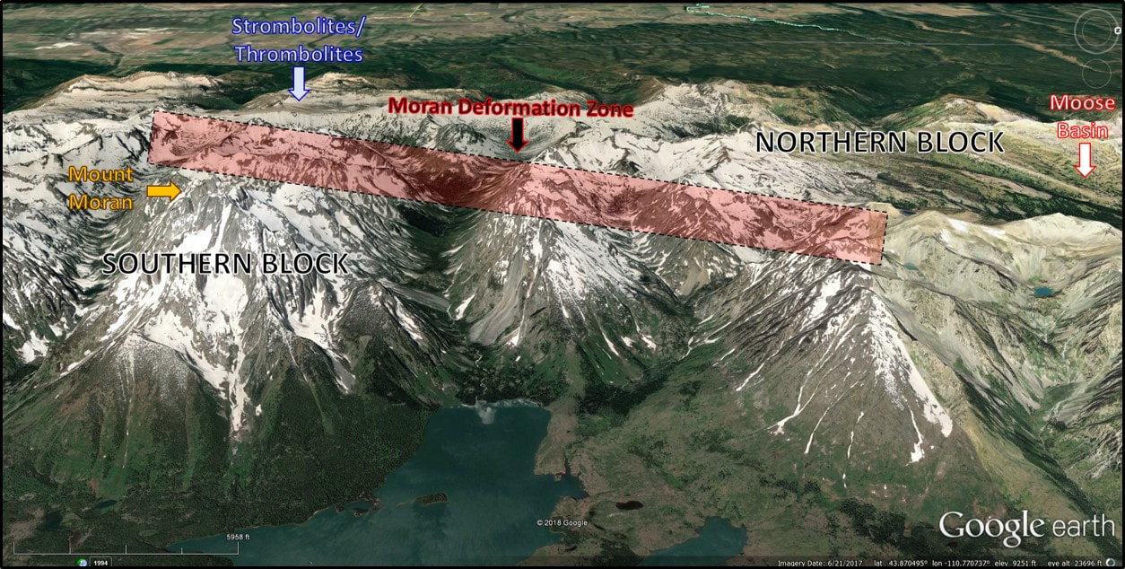 Google Earth image of Northern Tetons annotated with geologic features, Teton County, Wyoming